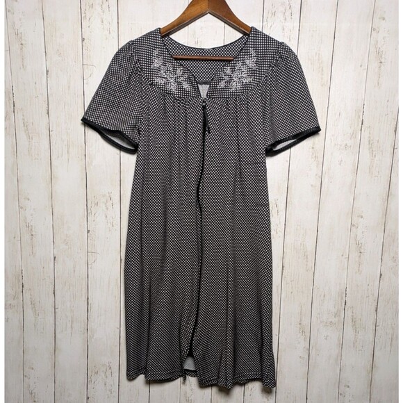 Vintage Black White Dotted Zip Front House Dress Floral Embroidered Lounge Comfy - Picture 4 of 8